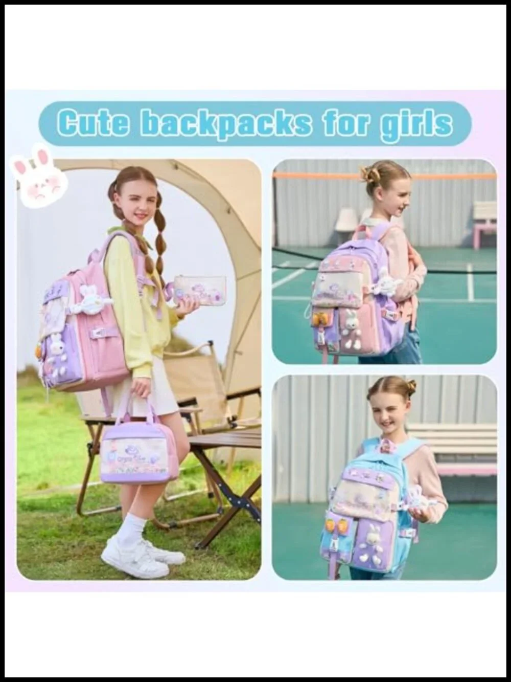 Girls Backpack Set with Lunch Box Pencil Case, Kawaii Bunny, Waterproof Nylon,